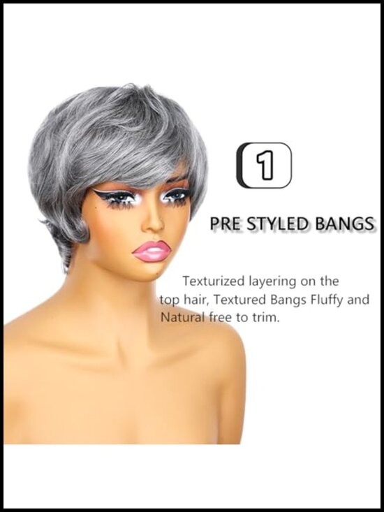 Silver Pixie Cut Wig Human Hair Short Bob Wig Full Machine Made Glueless main image 5